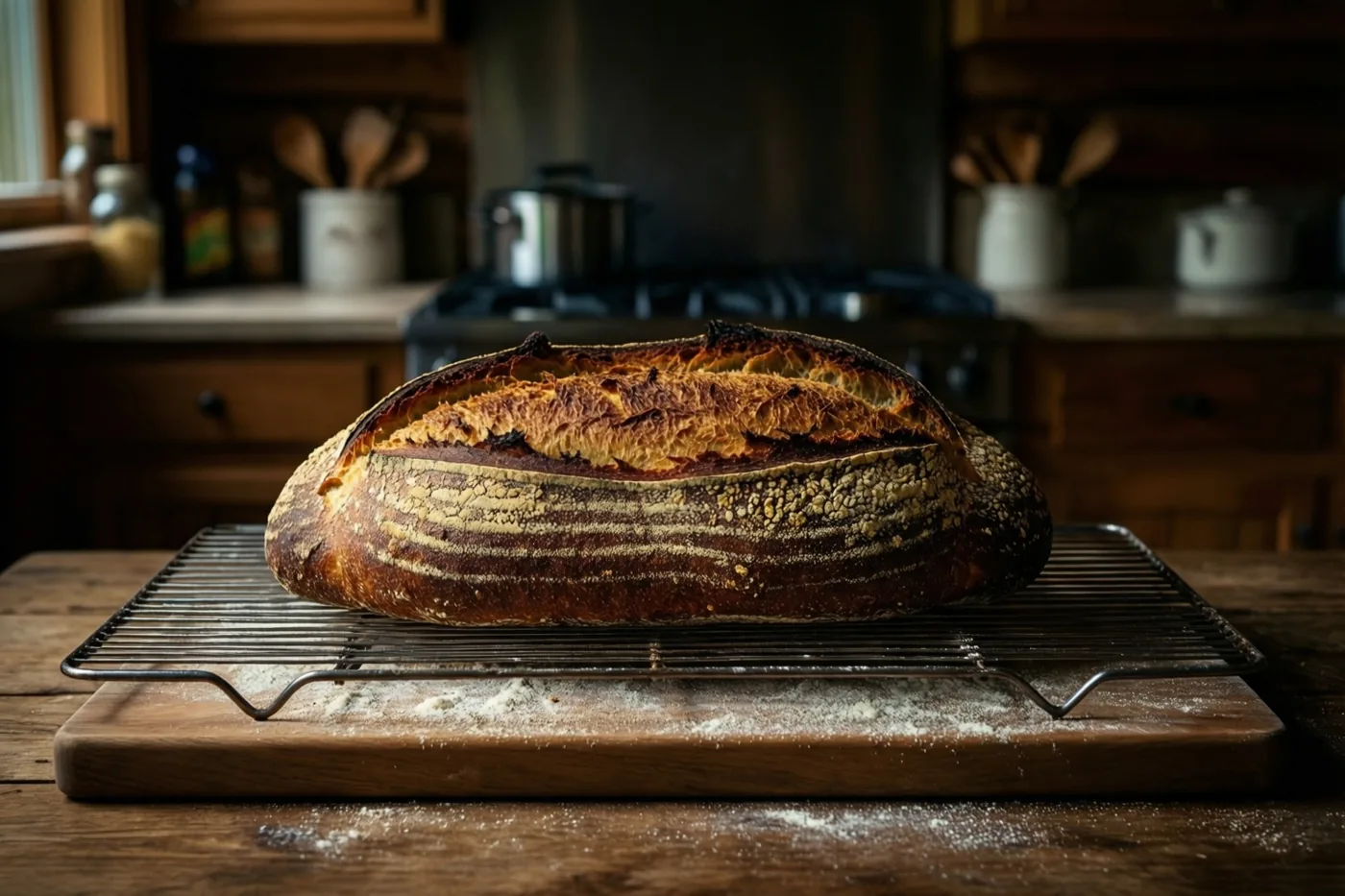 Een goudbruin brood met een krokante korst ligt op een rooster boven een bebloemde houten plank in een landelijke keuken met houten kasten en keukengerei.