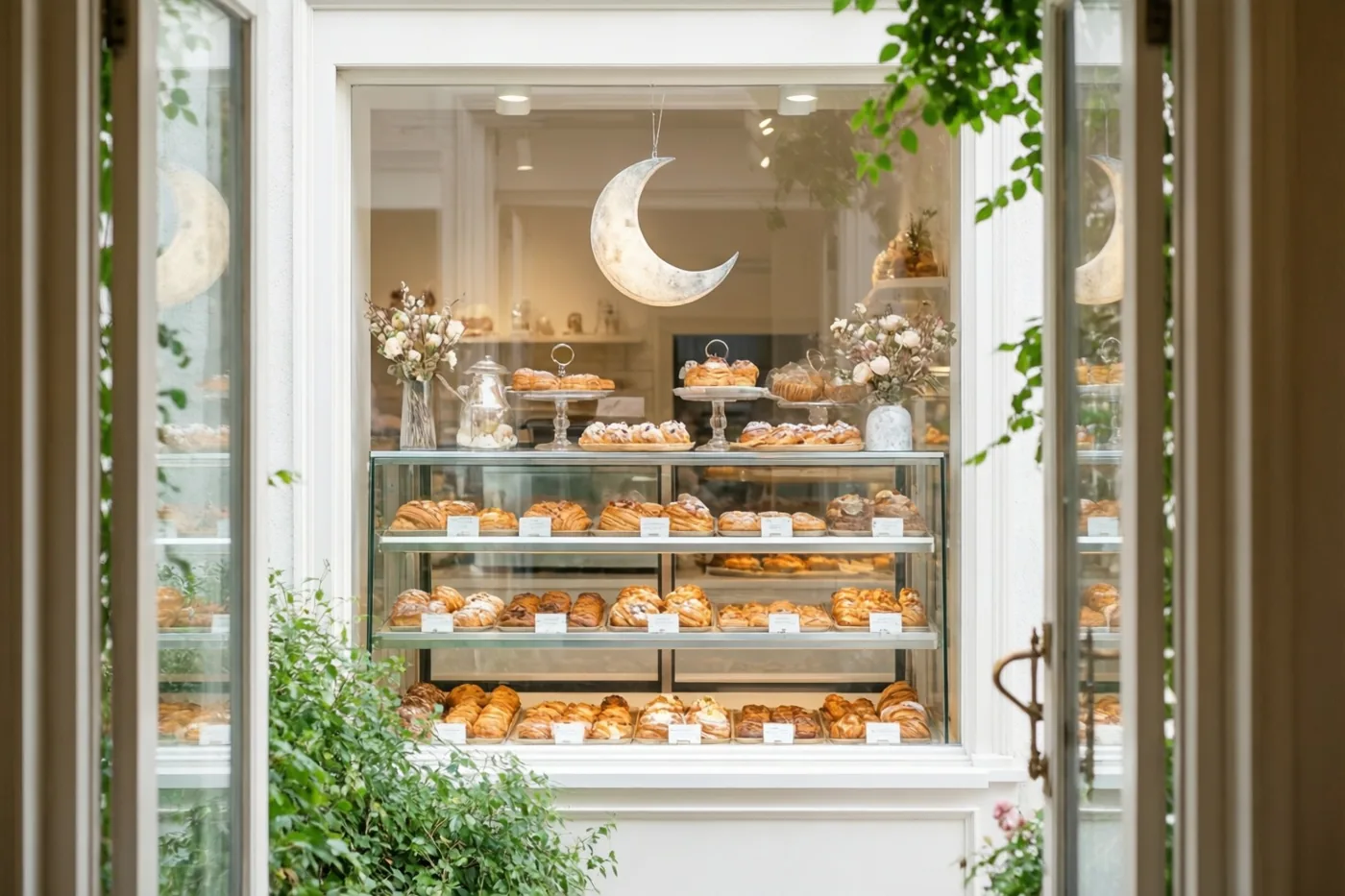 Een bakkerijetalage met witte raamomlijsting en groen toont meerdere rekken goudbruin gebak onder een hangende maansikkel.