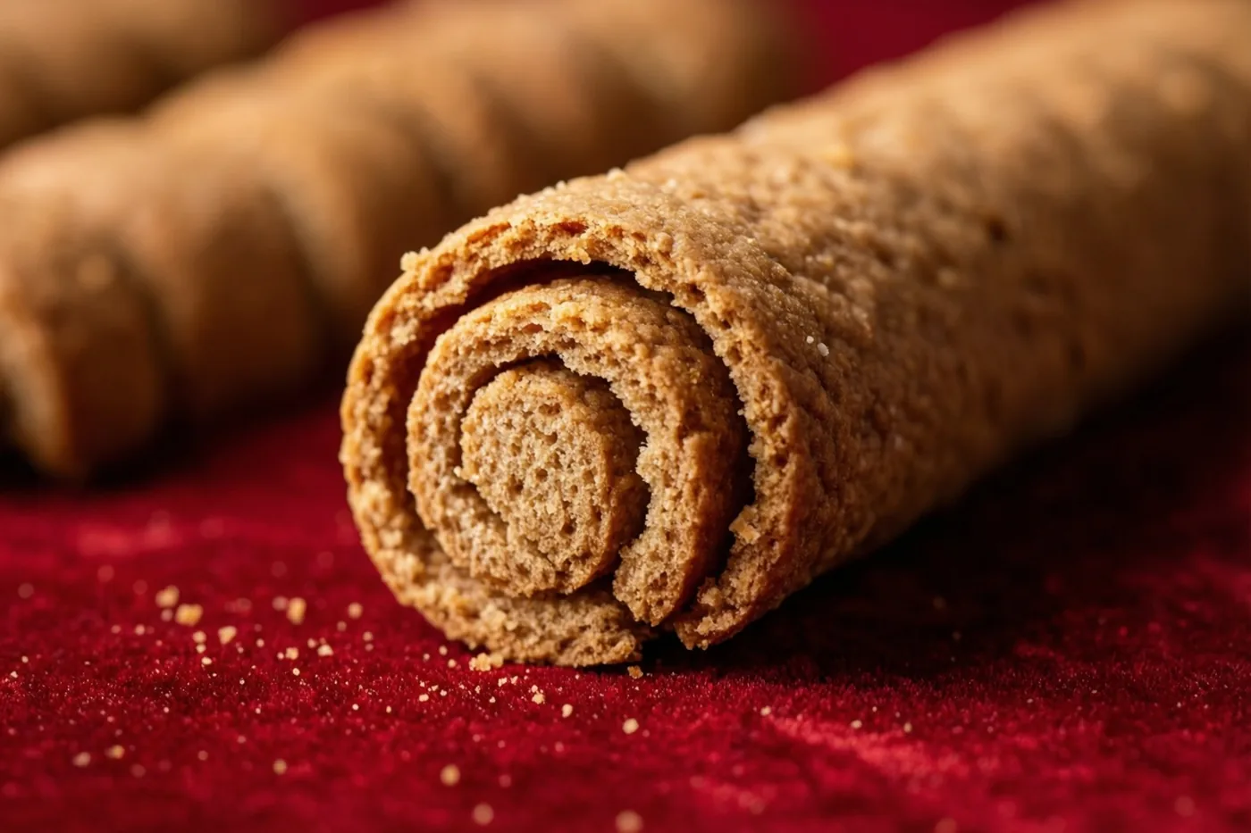 Een goudbruin opgerold pepernotenkoekje ligt op dieprood fluweel, met een tweede koekje onscherp op de achtergrond.