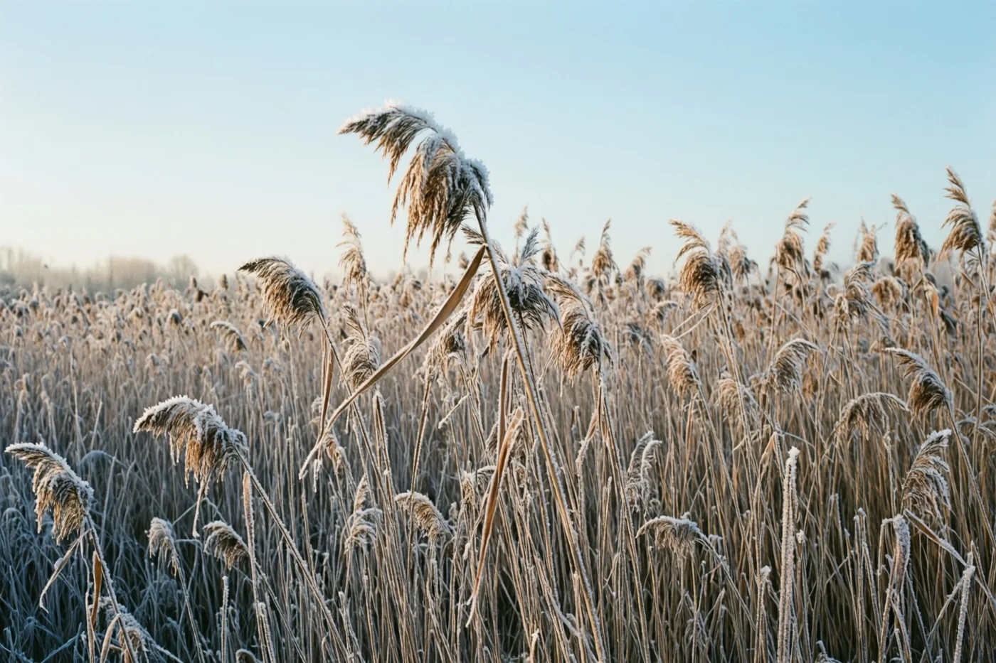 Goudbruin riet met witte rijp staat onder een heldere, lichtblauwe winterhemel.