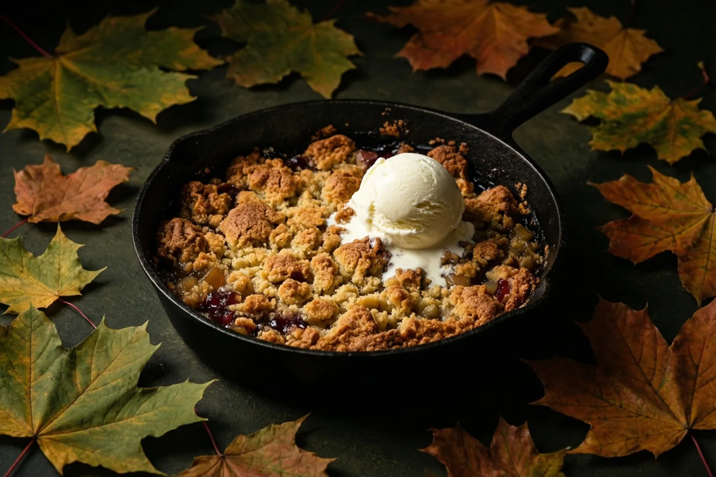 Een gietijzeren pan met goudbruine appelcrumble en een bol vanille-ijs staat op een donkere ondergrond tussen herfstige esdoornbladeren.