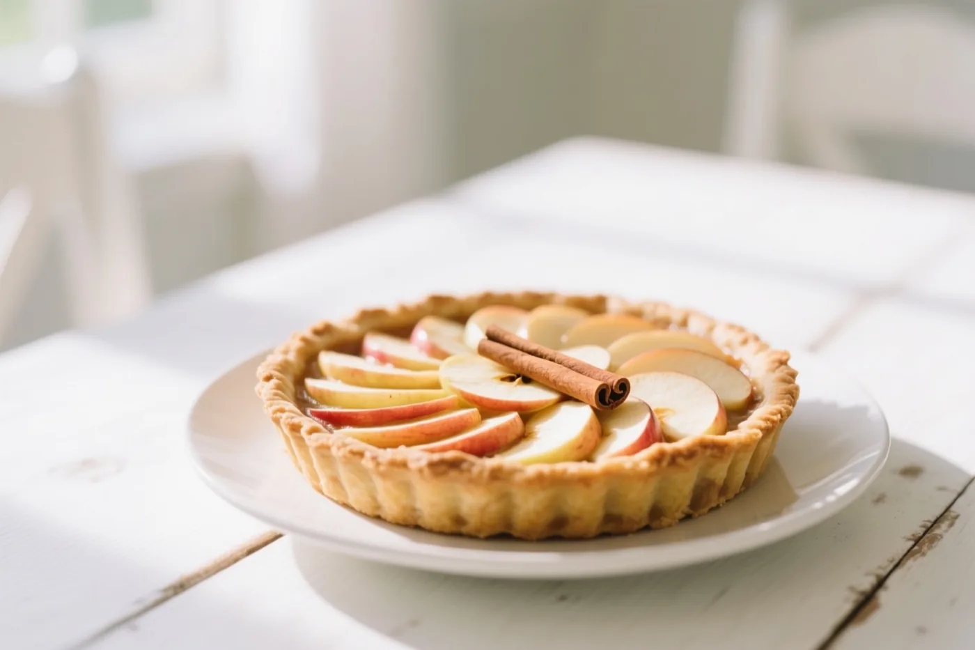 Een goudbruine appeltaart met appelschijfjes en een kaneelstokje staat op een wit bord op een witte houten tafel in zacht daglicht.
