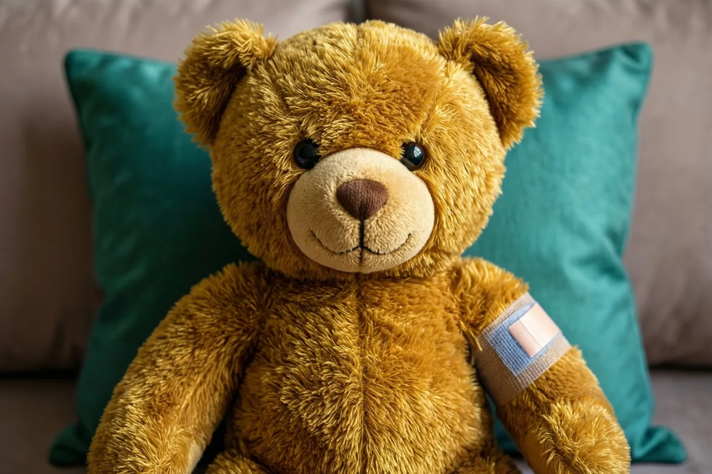 Een goudbruine teddybeer met een klein verband aan zijn rechterarm zit rechtop op een turkoois kussen in zacht licht.