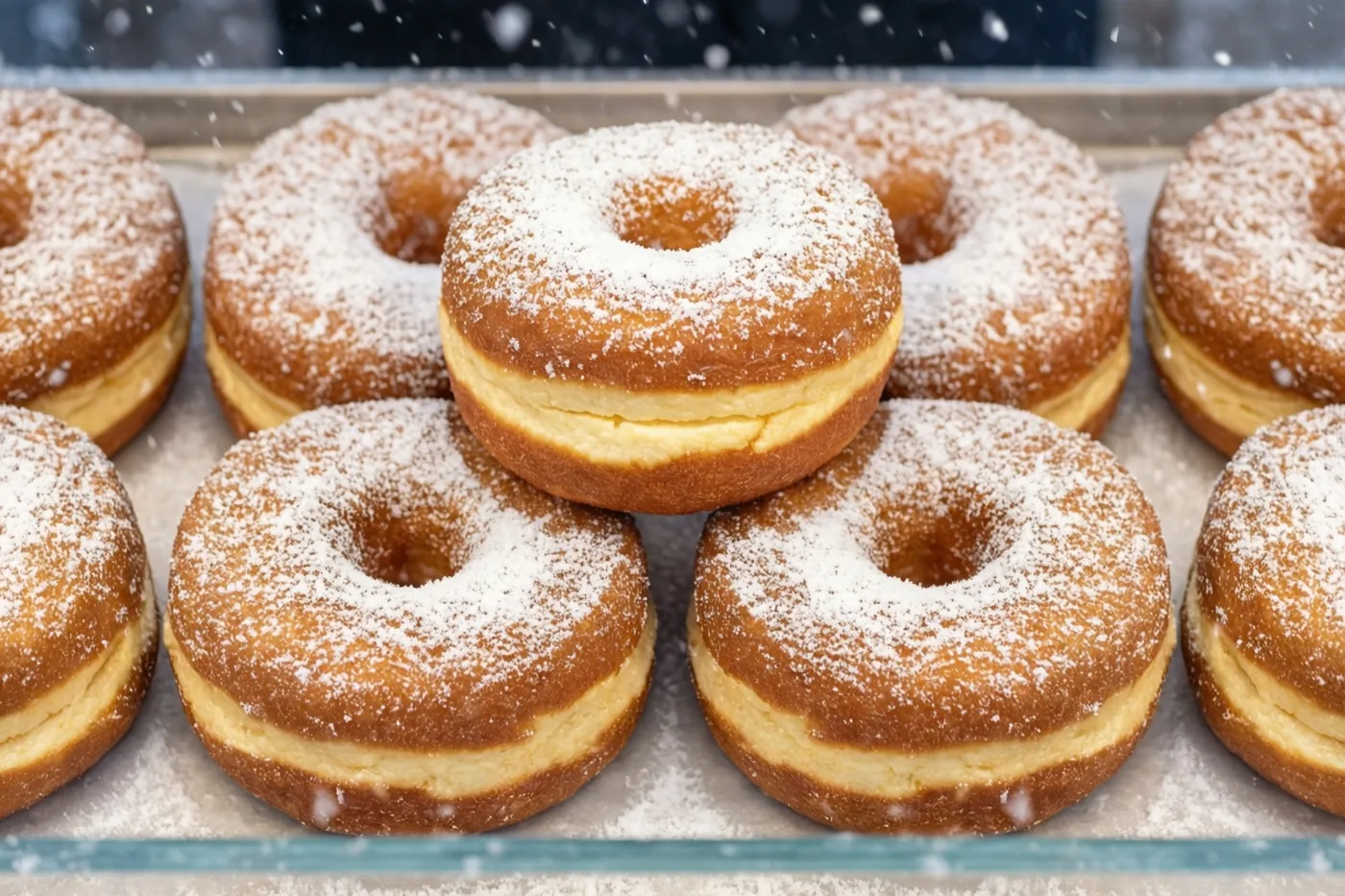 Goudbruine beignets met bloemsuiker liggen van dichtbij in beeld op een schaal, met sneeuwvlokken tegen een besneeuwde achtergrond.