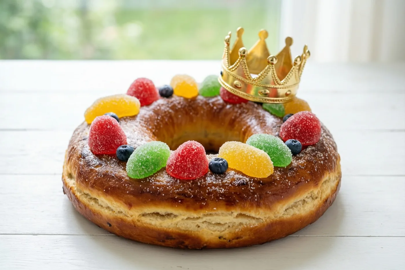 Een goudbruine ringvormige cake met kleurrijke gekonfijte vruchten en een klein gouden kroontje staat helder verlicht op een wit houten oppervlak tegen een onscherpe groene achtergrond.