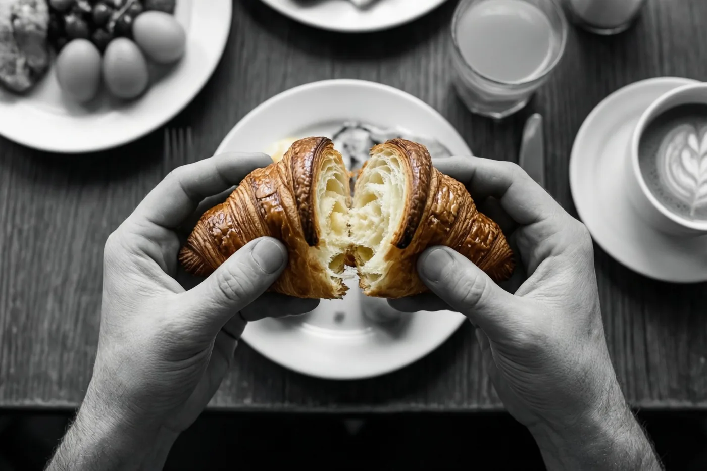 Twee handen breken een goudbruine croissant in tweeën boven een ontbijttafel met koffie en ander eten, in een verder grotendeels zwart-witbeeld.