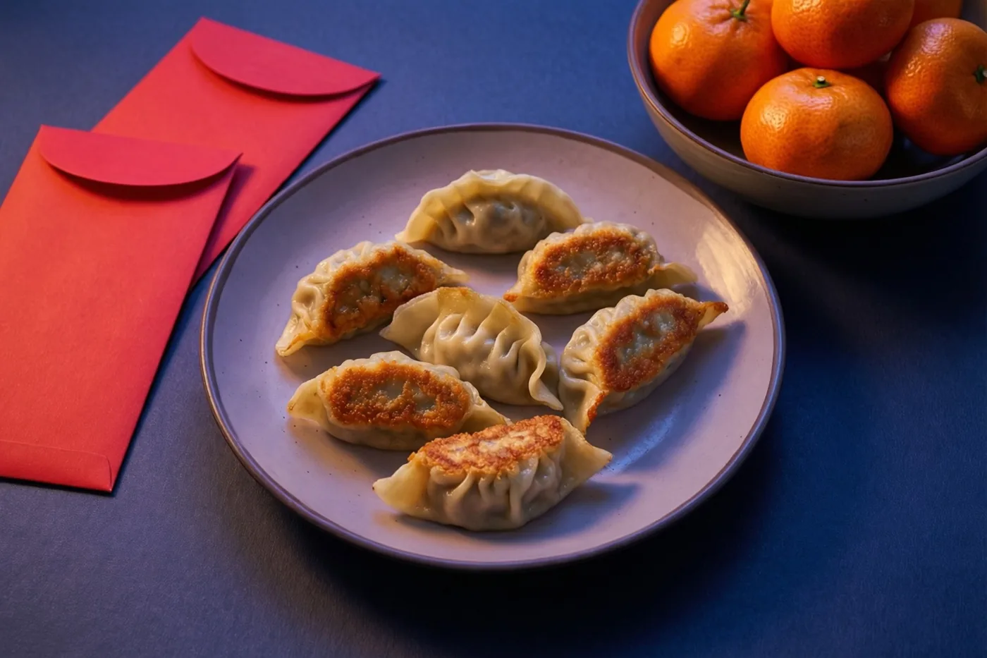 Een bord gebakken dumplings met goudbruine krokante onderkanten staat op een donkerblauwe ondergrond naast twee effen rode enveloppen en een kom mandarijnen.
