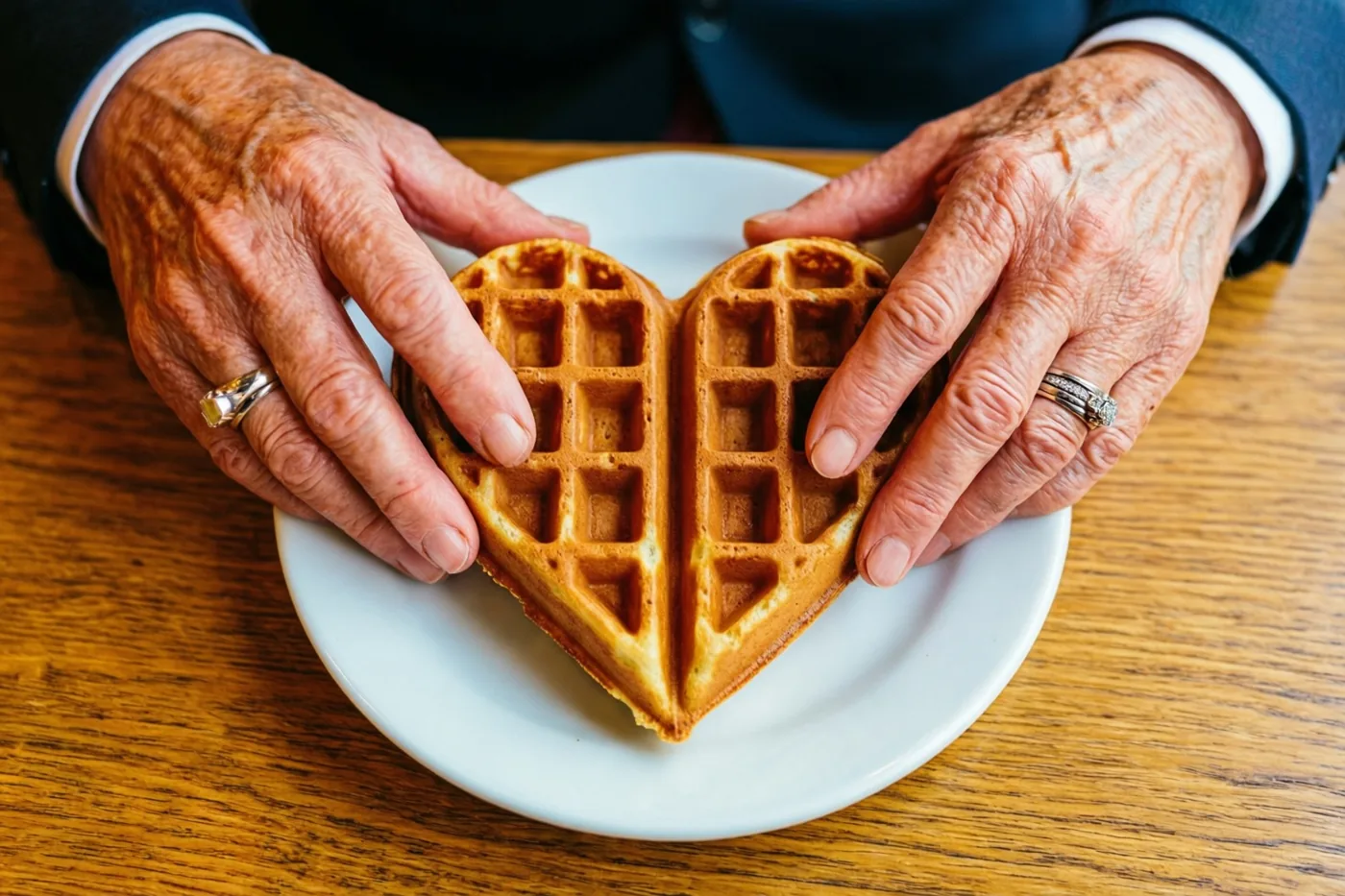 Twee gerimpelde handen met trouwringen houden een goudbruine hartvormige wafel op een wit bord op een houten cafétafel in zacht licht.