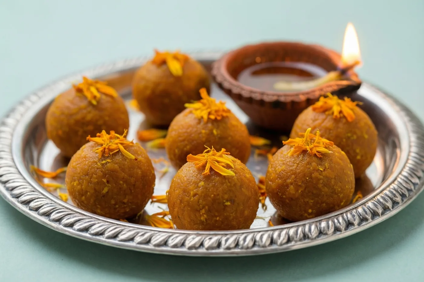 Goudbruine laddoos met bloemblaadjes liggen samen met een klein brandend olielampje op een zilverkleurig dienblad tegen een zachtblauwgroene achtergrond.