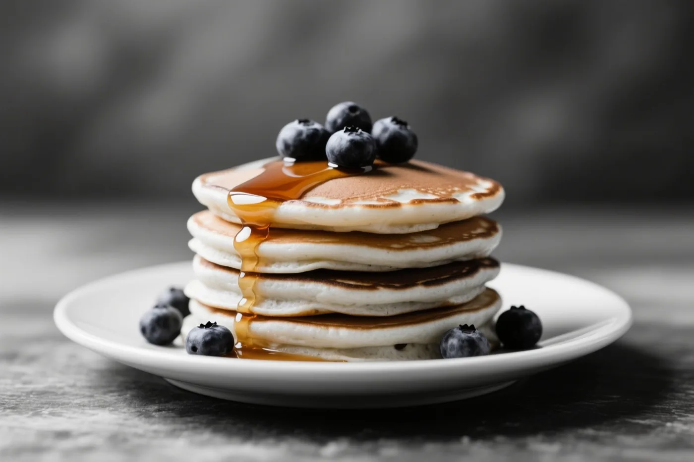 Een stapel goudbruine pannenkoeken met blauwe bessen en ahornsiroop staat op een wit bord tegen een donkere, wazige achtergrond.