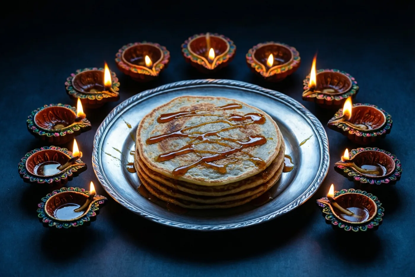 Een stapel goudbruine malpuapannenkoekjes met siroop ligt op een zilveren bord tussen brandende olielampjes op een donkerblauwe ondergrond.