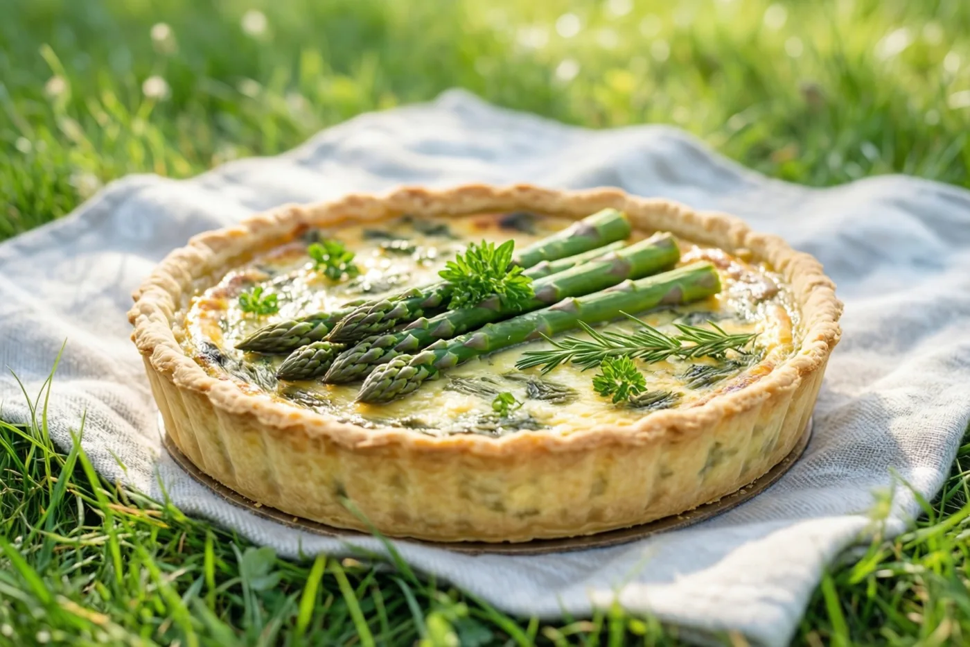 Een goudbruine quiche met groene asperges en verse kruiden ligt op een licht picknickdeken op groen gras in helder zonlicht.