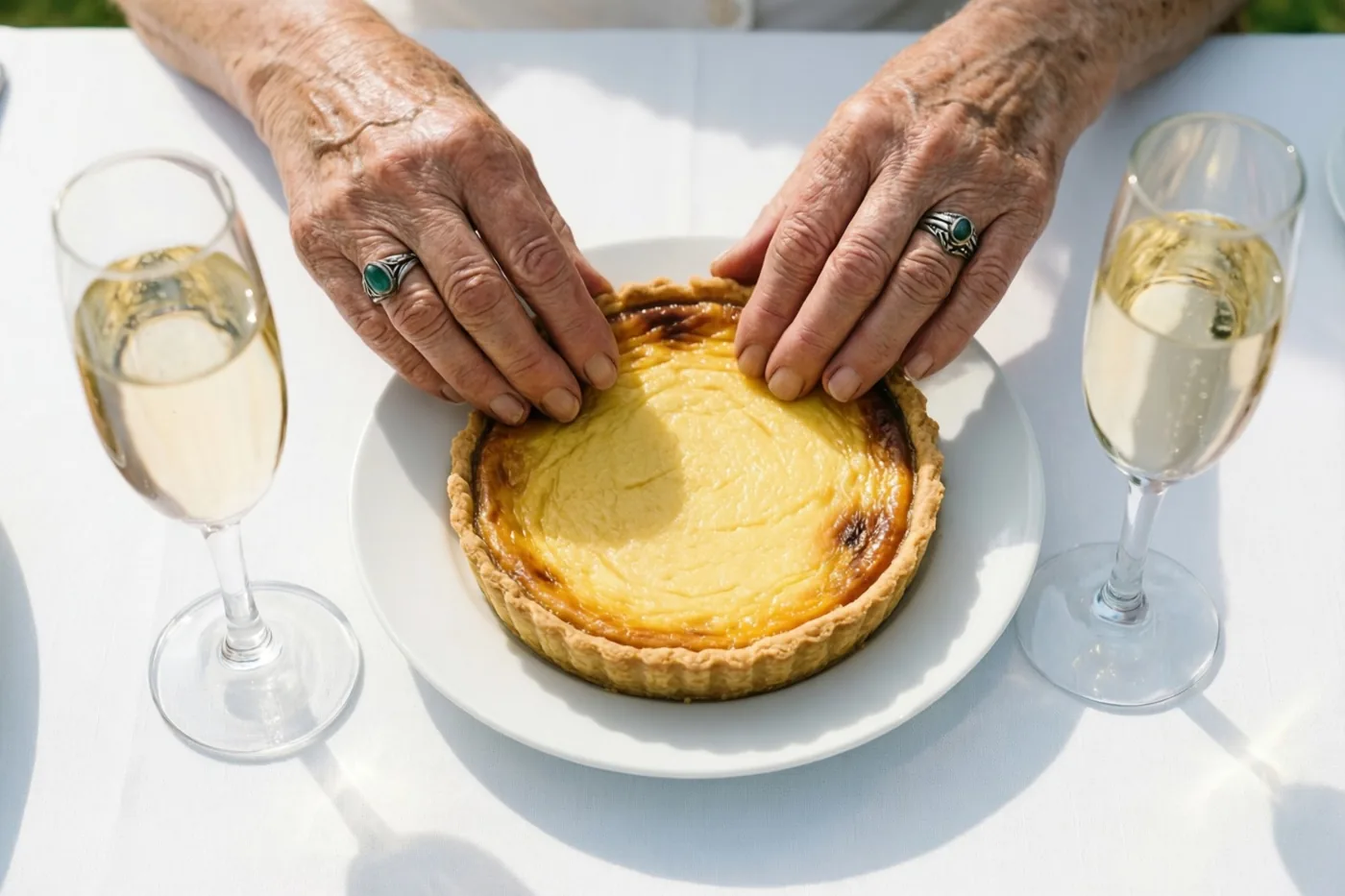 Oudere handen met trouwringen raken zacht een goudbruine rijsttaart op een wit bord aan, op een wit tafelkleed naast twee champagneglazen in fel zonlicht.