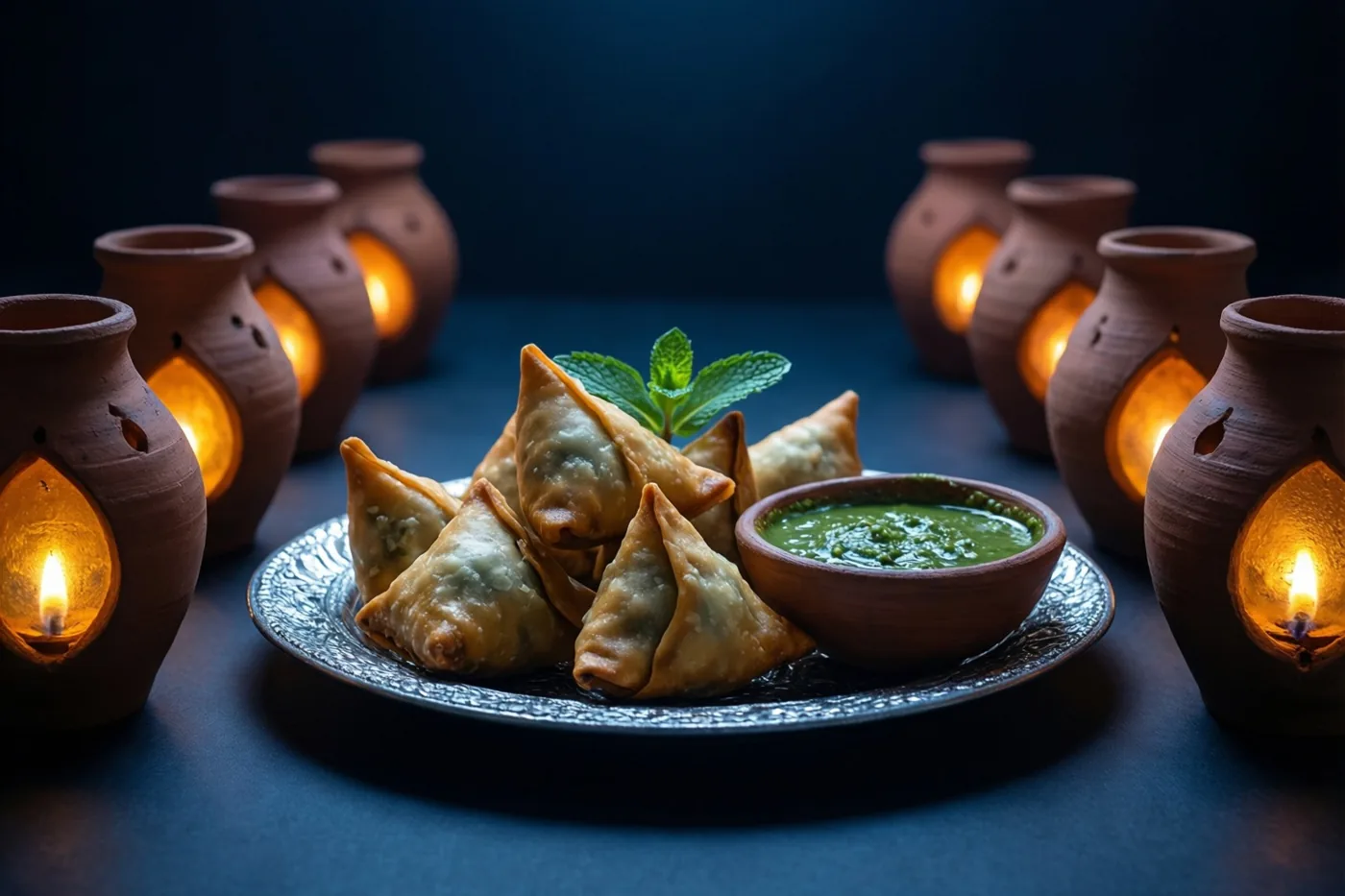 Een bord goudbruine samosa's met groene muntchutney staat op een donkere ondergrond, omringd door een rij brandende terracotta olielampjes tegen een diepblauwe achtergrond.