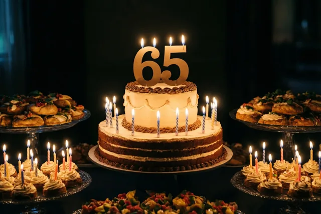 Een goudbruine taart met meerdere lagen, brandende kaarsjes en een grote papieren 65 staat centraal op een buffet tegen een donkere achtergrond.