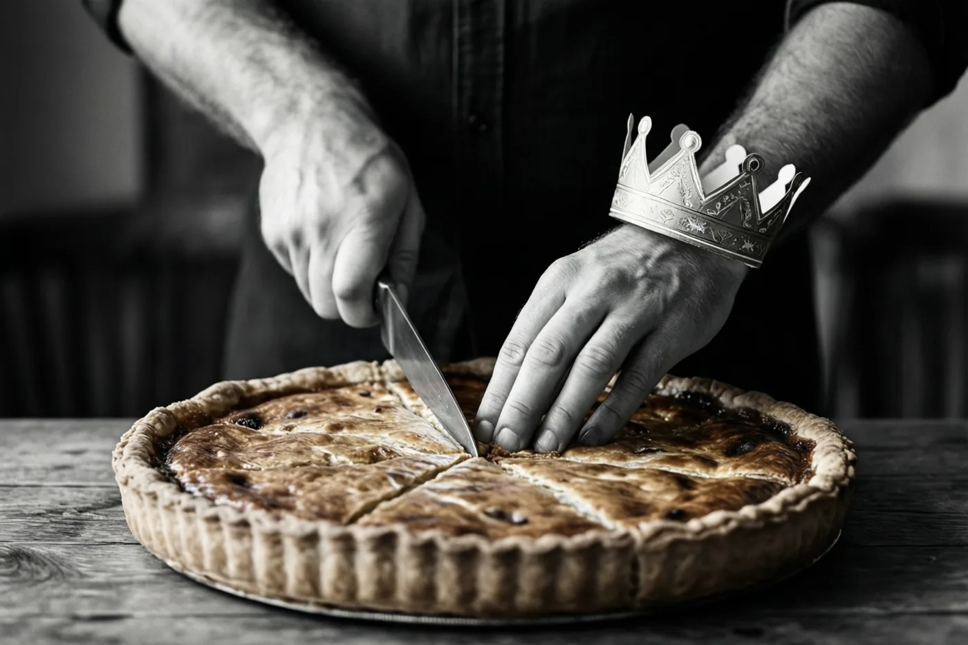 Mannenhanden snijden een grote goudbruine galette aan op een houten tafel, op een zwart-witfoto waarop de taart in kleur is.