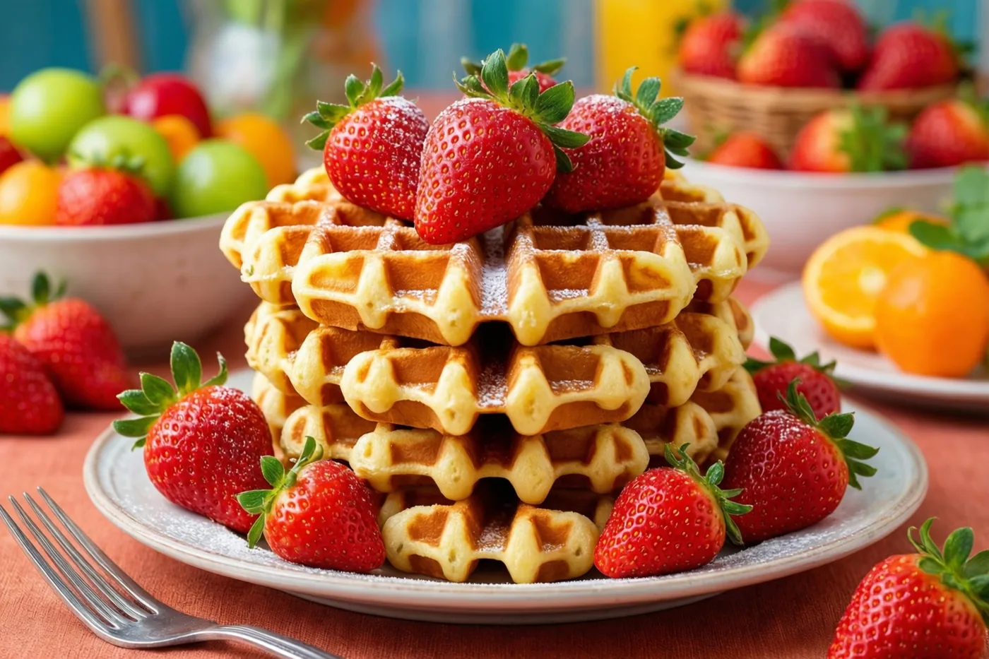 Een hoge stapel goudbruine Belgische wafels met verse aardbeien staat op een wit bord, met meer aardbeien en citrusvruchten op een helder verlichte brunchtafel.