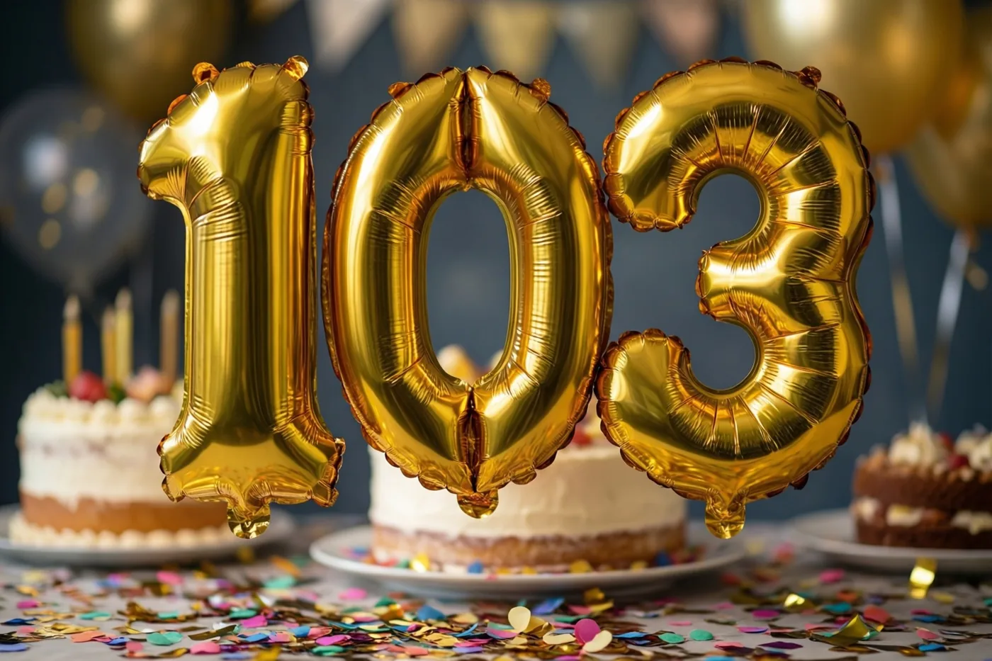 Gouden folieballonnen vormen 103 boven een tafel met taarten en kleurrijke confetti tegen een donkere achtergrond.