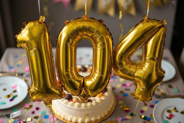 Drie grote gouden folieballonnen vormen 104 boven een tafel met taart en confetti in warm goudkleurig licht.