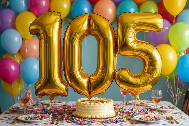 Grote glanzende gouden folieballonnen vormen 105 boven een tafel met confetti en taart, met veelkleurige ballonnen op de achtergrond.
