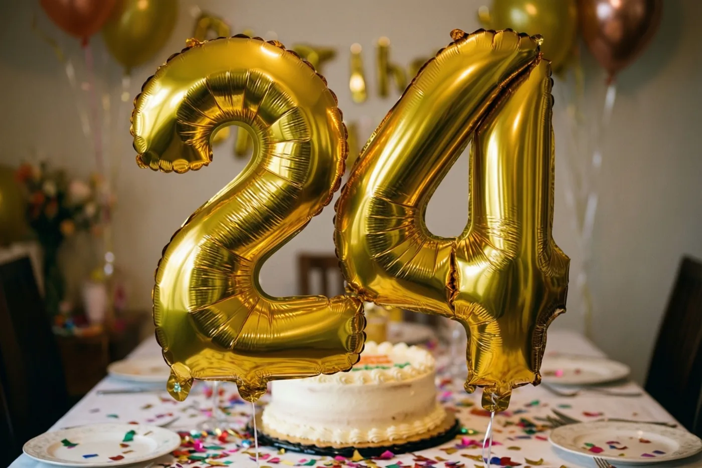 Grote gouden folieballonnen vormen 24 boven een tafel met kleurrijke confetti en een taart met wit glazuur in een warm verlichte ruimte.