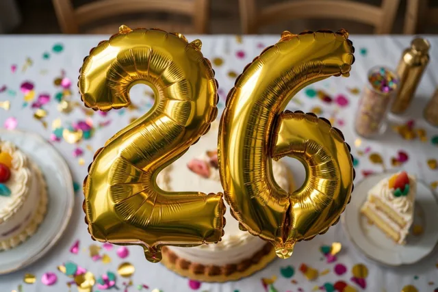 Grote glanzende gouden folieballonnen vormen 26 boven een feesttafel met kleurrijke confetti en een taart.