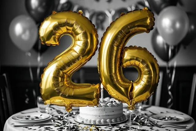 Grote gouden folieballonnen vormen 26 boven een tafel met taart, borden en confetti, waarbij de rest van het beeld in zwart-wit is weergegeven.