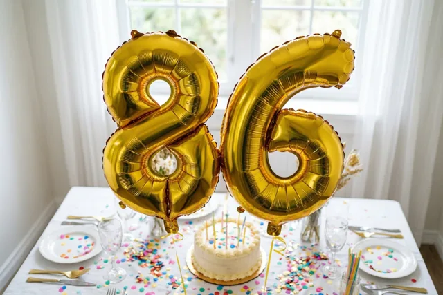 Gouden folieballonnen in de vorm van 8 en 6 zweven boven een feestelijk gedekte tafel met kleurrijke confetti en een kleine taart met kaarsjes, met een helder raam achteraan.
