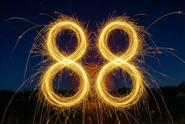 Gouden vonkensporen vormen het getal 88 tegen een donkere hemel met zichtbare sterren.