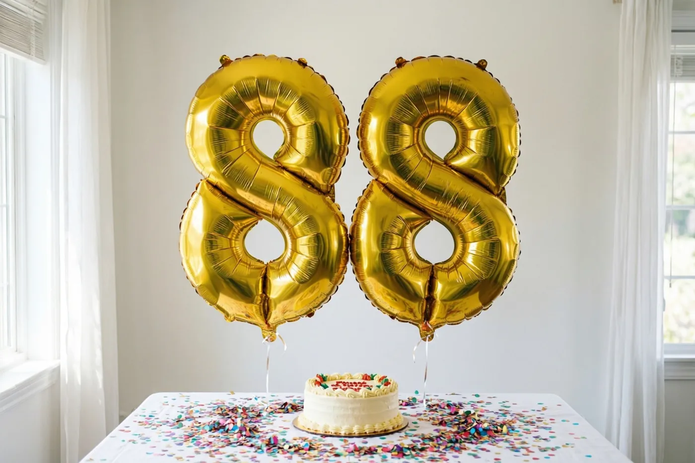 Gouden folieballonnen vormen 88 boven een witte tafel met confetti en een kleine taart, in daglicht bij ramen met witte gordijnen.