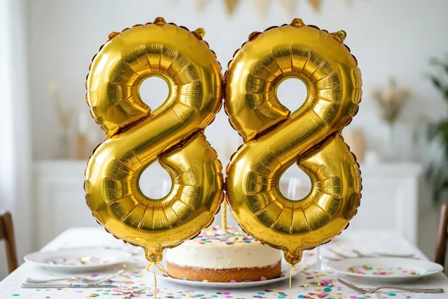 Gouden folieballonnen vormen 88 boven een feesttafel met taart, borden, bestek en kleurrijke confetti.