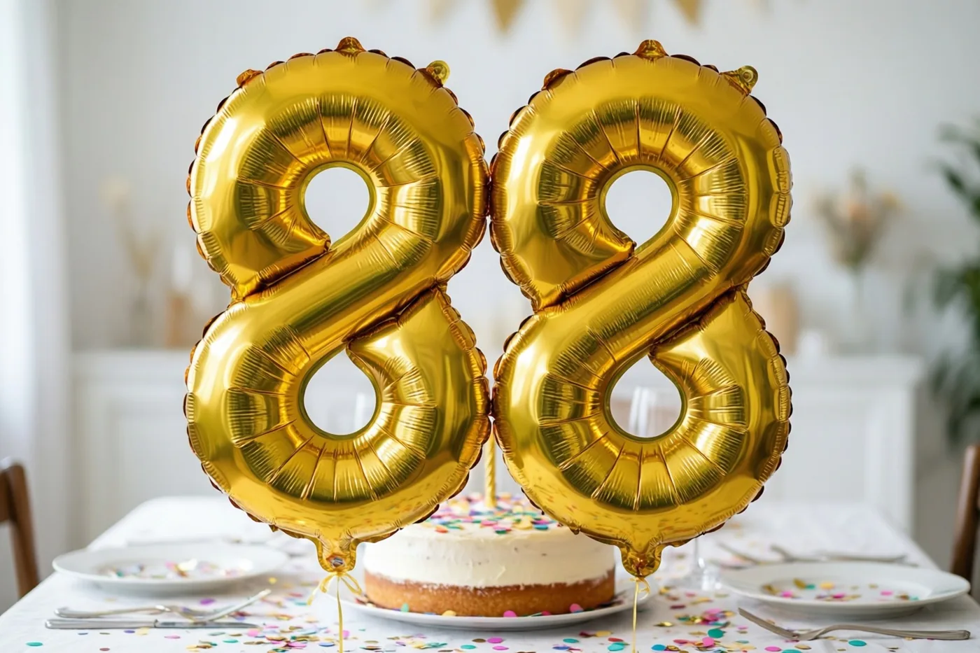 Gouden folieballonnen vormen 88 boven een feesttafel met taart, borden, bestek en kleurrijke confetti.