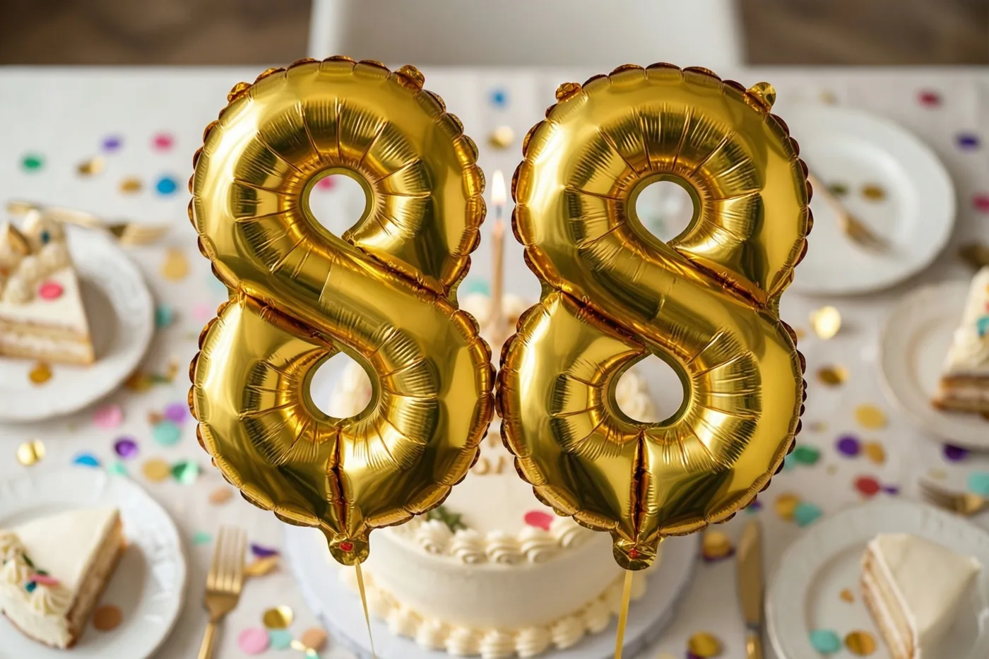 Gouden folieballonnen vormen 88 boven een wit gedekte tafel met een witte taart, bordjes met stukken taart, vorken en kleurrijke confetti.