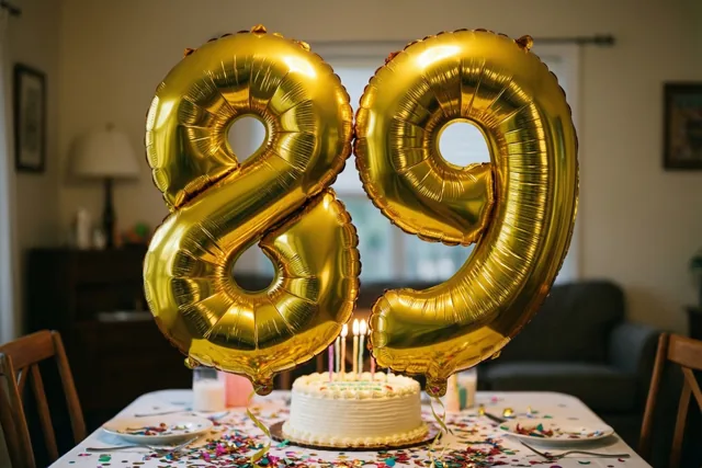 Gouden cijferballonnen vormen 89 boven een tafel met kleurrijke confetti en een witte taart met brandende kaarsjes in een warm verlichte kamer.