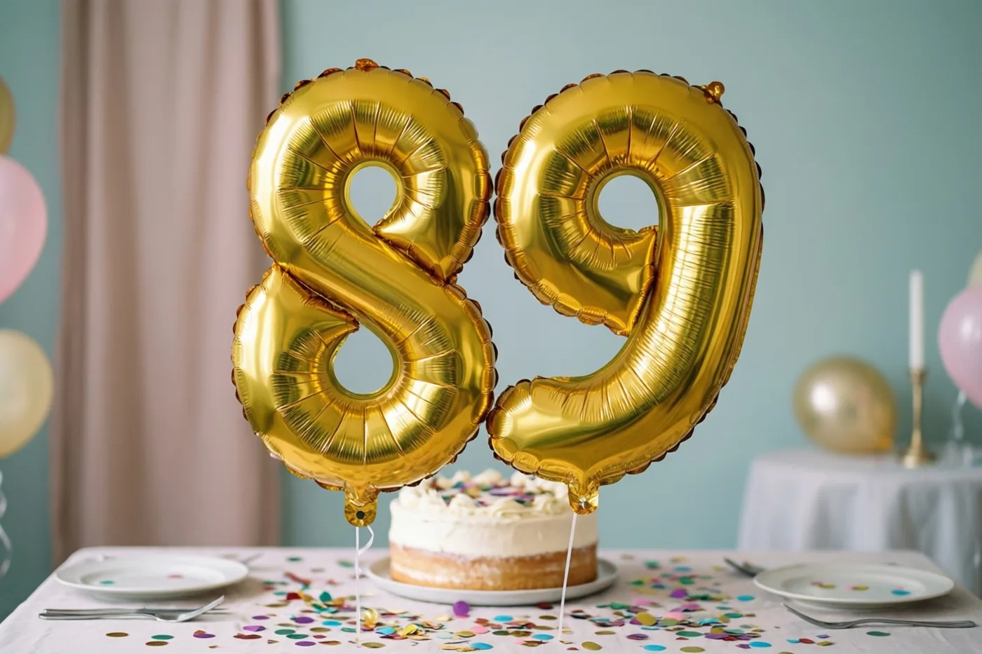 Grote gouden folieballonnen in de vorm van een 8 en een 9 zweven boven een tafel met taart en confetti in een kamer met pastelkleurige muren en gordijnen.