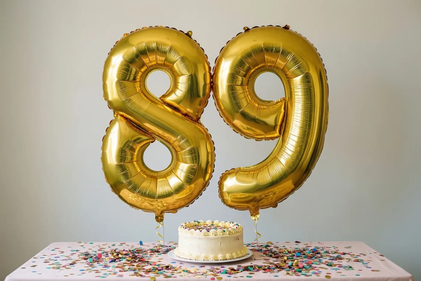 Twee gouden folieballonnen vormen 89 boven een tafel met kleurrijke confetti en een kleine witte taart tegen een lichtgrijze muur.