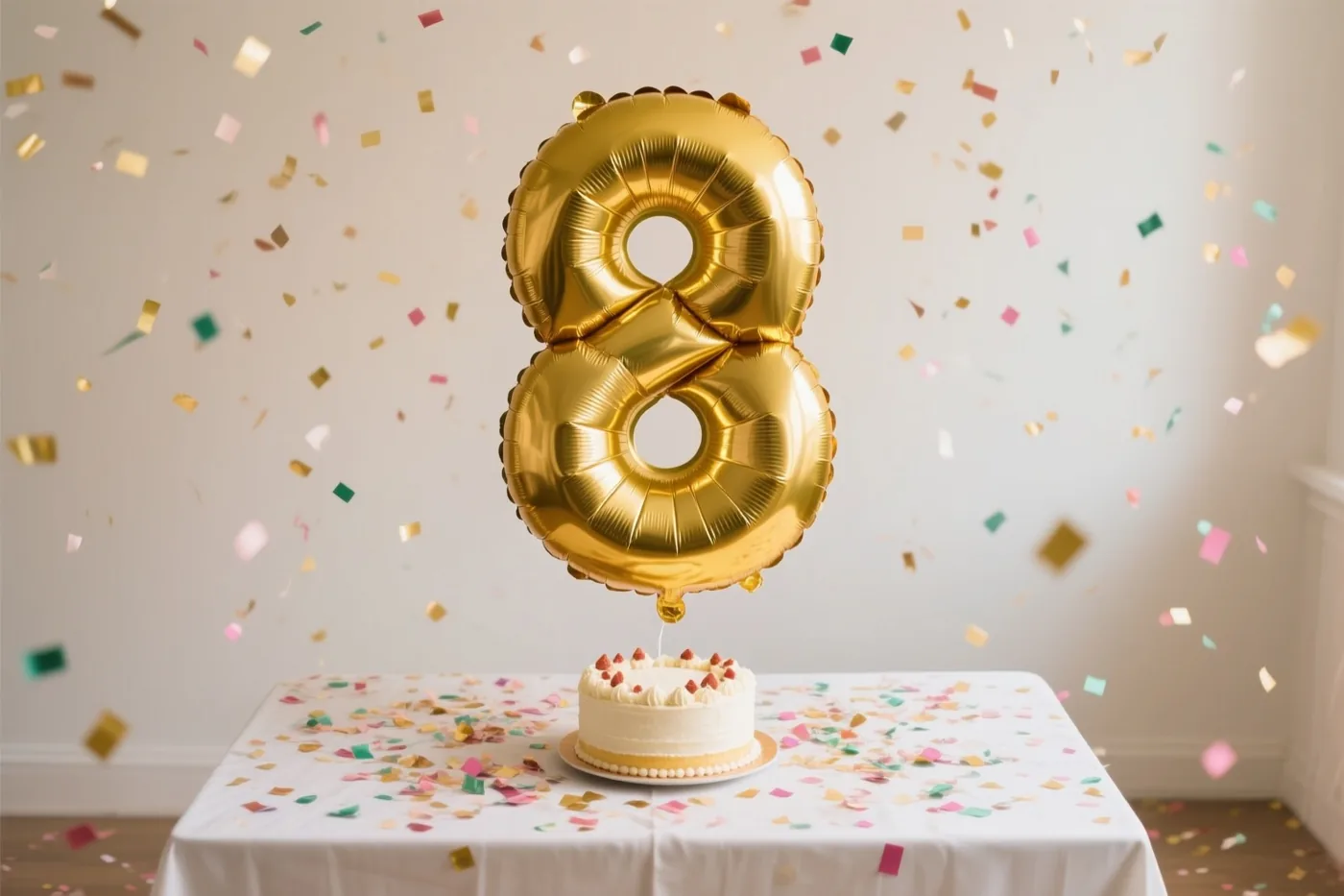 Een grote glanzende gouden ballon in de vorm van een 8 zweeft boven een tafel met een wit tafelkleed, een kleine taart en confetti, terwijl er binnen voor een effen muur confetti neerdwarrelt.