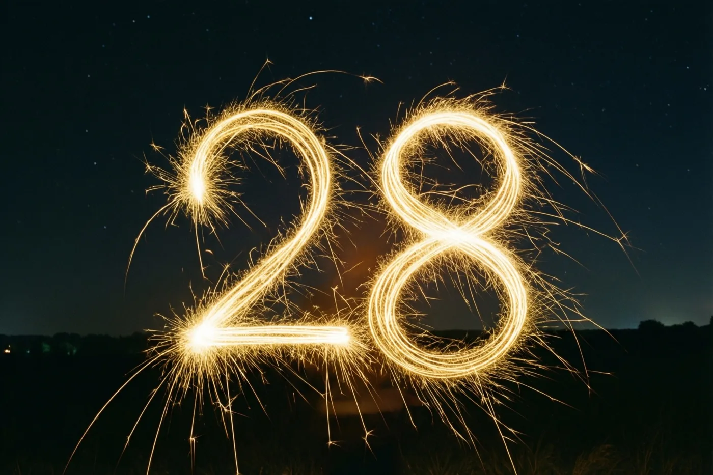 Het getal 28 verschijnt in gouden lichtsporen van sterretjes tegen een donkere sterrenhemel, verlicht door de warme gloed van de vonken.