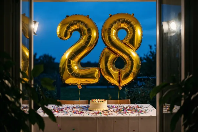 Gouden folieballonnen vormen 28 boven een tafel met confetti en een kleine taart, gezien door een raam met planten en een blauwe schemerlucht buiten.