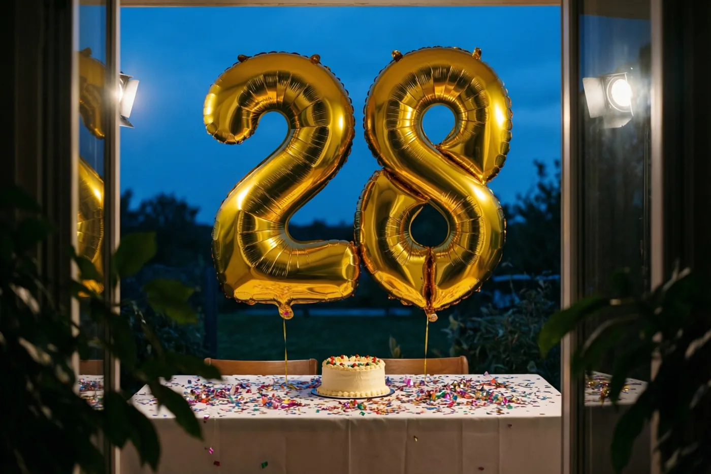 Gouden folieballonnen vormen 28 boven een tafel met confetti en een kleine taart, gezien door een raam met planten en een blauwe schemerlucht buiten.