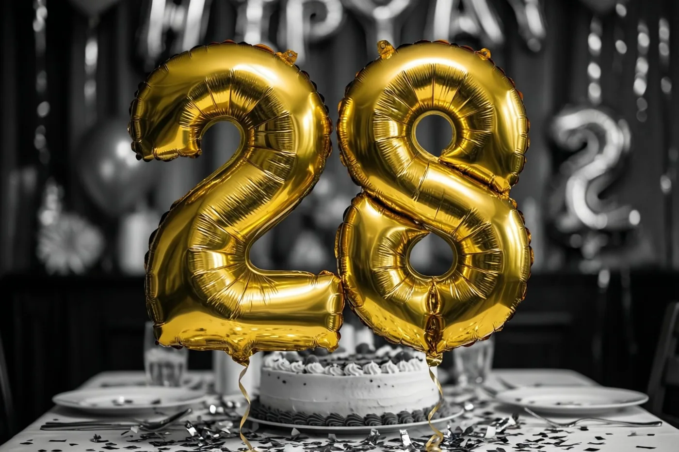 Grote glanzende gouden folieballonnen vormen 28 boven een feesttafel met confetti en een taart tegen een zwart-witte achtergrond.