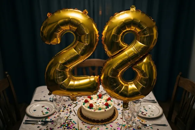 Grote gouden folieballonnen in de vorm van 2 en 8 zweven boven een tafel met gekleurde confetti en een verjaardagstaart, voor donkerblauwe gordijnen.