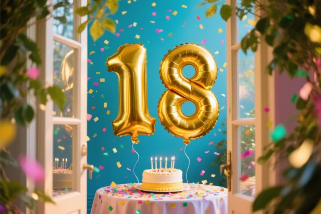 Grote goudkleurige folieballonnen vormen 18 boven een tafel met kleurrijke confetti en een klein taartje met brandende kaarsjes, voor een raam met groene bladeren errond.