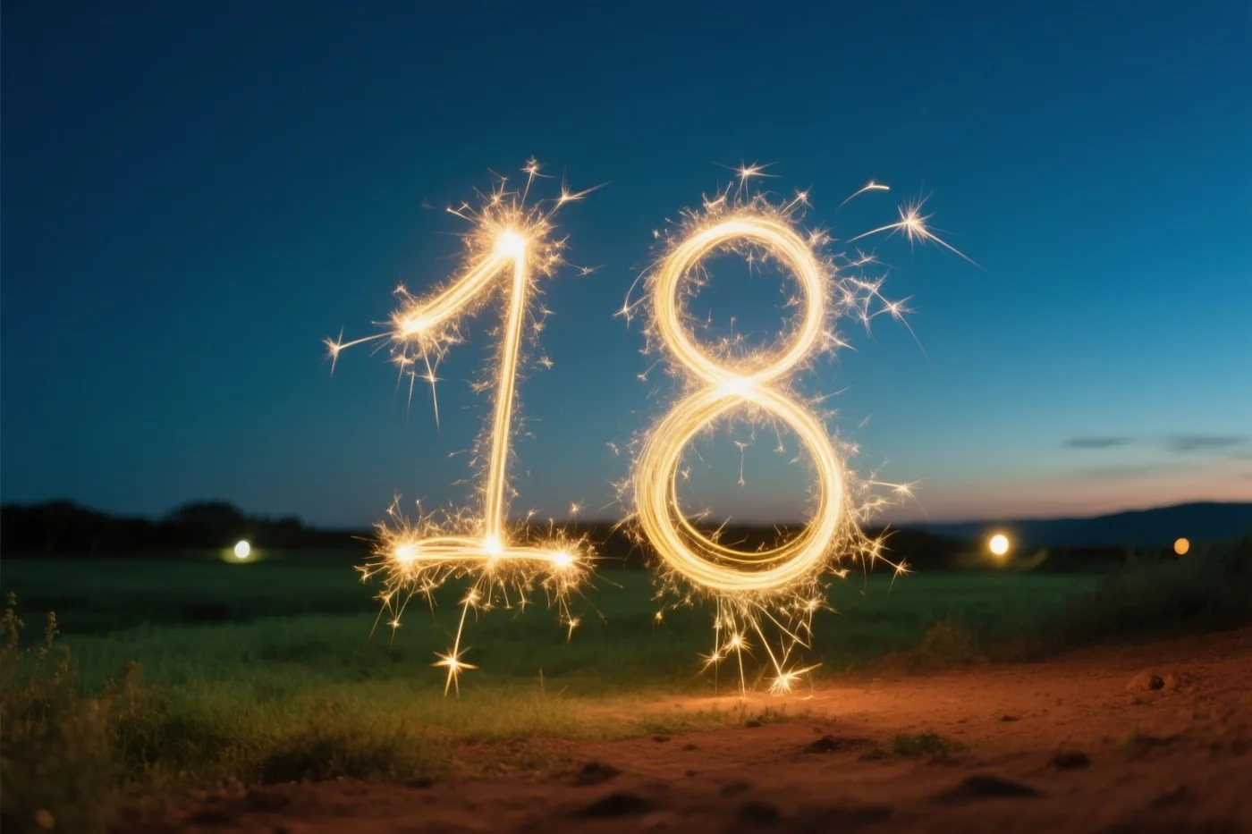 Gouden lichtsporen van sterretjes vormen 18 tegen een donkerblauwe nachtlucht boven een open veld, met lichtjes in de verte.