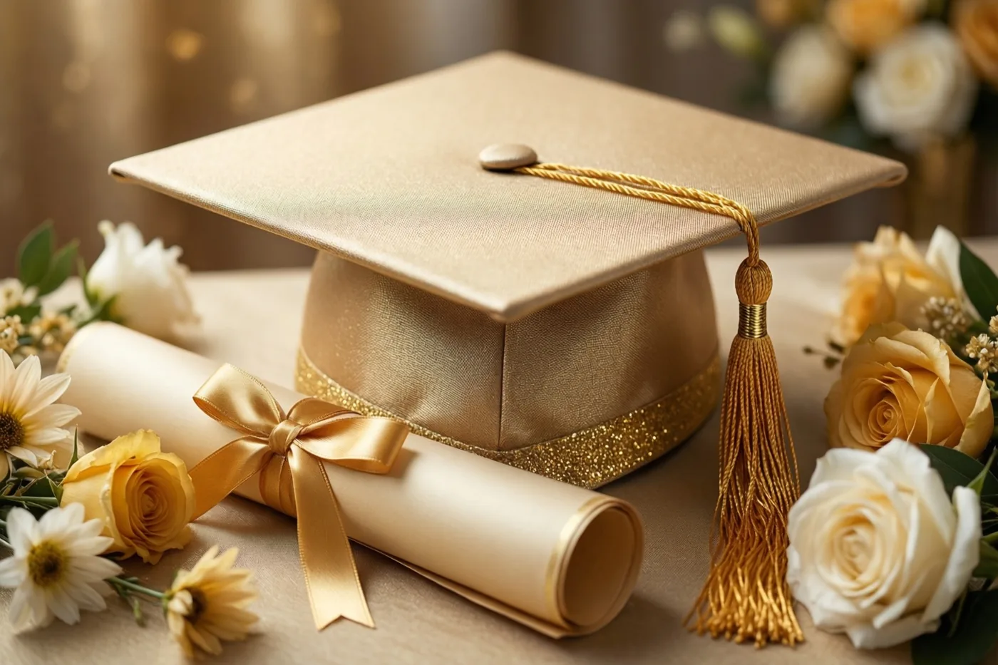 Een gouden afstudeerhoed en een opgerold diploma met een gouden lint liggen op een bureau tussen gele en witte bloemen in warm licht.