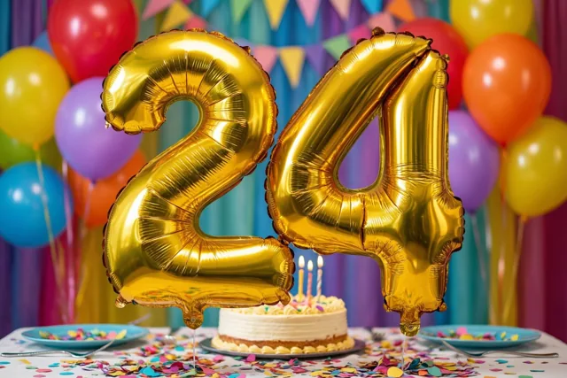 Grote glanzende gouden folieballonnen vormen 24 boven een feesttafel met kleurrijke confetti en een verjaardagstaart, met ballonnen en vlaggetjes op de achtergrond.