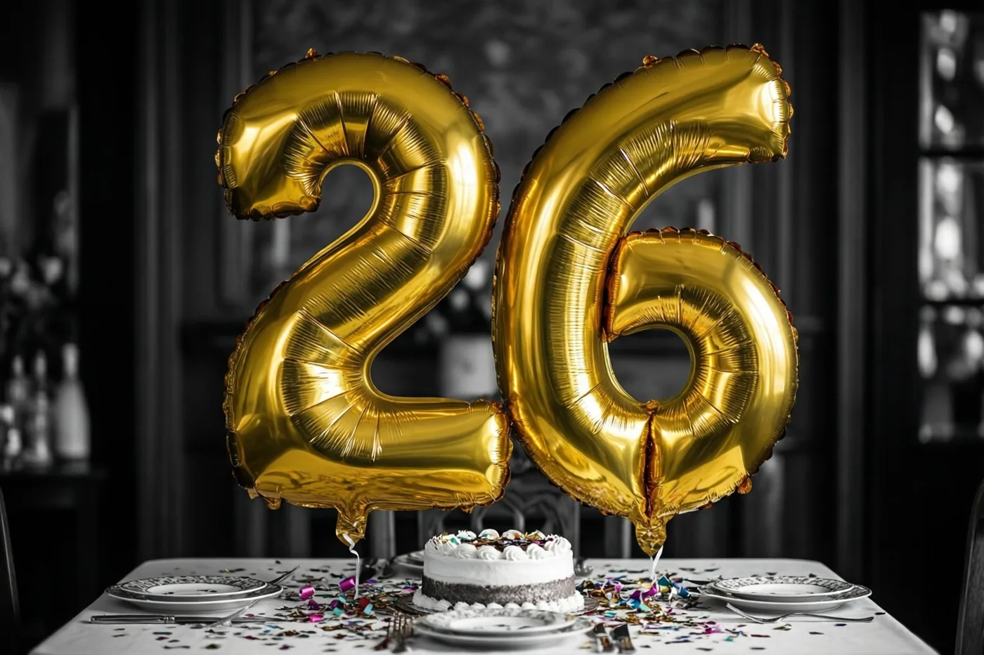Grote glanzende gouden folieballonnen vormen 26 boven een feesttafel met confetti en een taart in een gedempt verlichte kamer met een zwart-witte achtergrond.