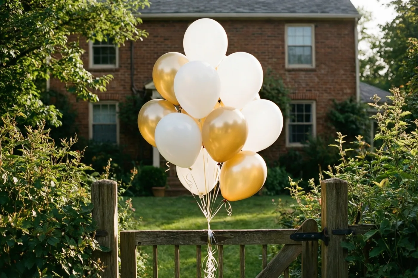 Een tros witte en lichtgouden ballonnen hangt aan een verweerd houten tuinhek voor een bakstenen hoeve met groen eromheen in warm zonlicht.