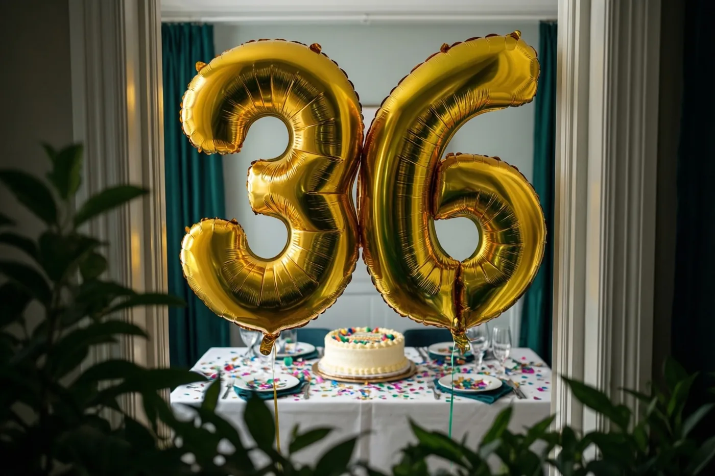 Door een deuropening met blauwgroene gordijnen en groene planten zijn gouden folieballonnen in de vorm van 36 te zien boven een feesttafel met taart en confetti.