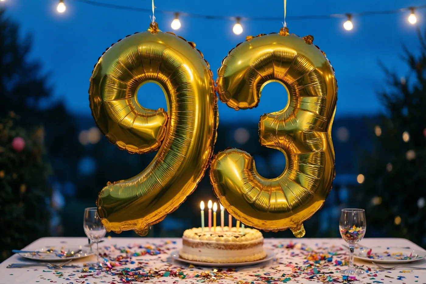 Gouden cijferballonnen vormen 93 boven een feesttafel buiten in de schemering, met lichtslingers, confetti en een taart met brandende kaarsjes.